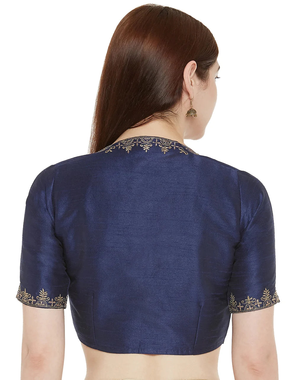 Embroidered Polyester Saree Blouse with Matka Neckline - Navy Blue