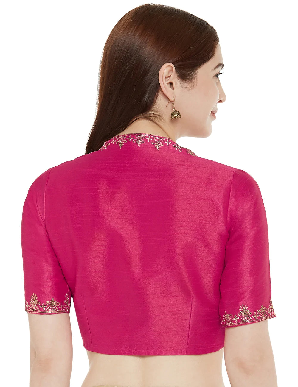 Embroidered Saree Blouse with Matka Neckline - pink