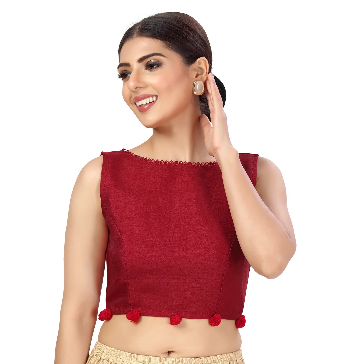 Charming Sleeveless Polyester Blouse with Pompom Detail - Maroon