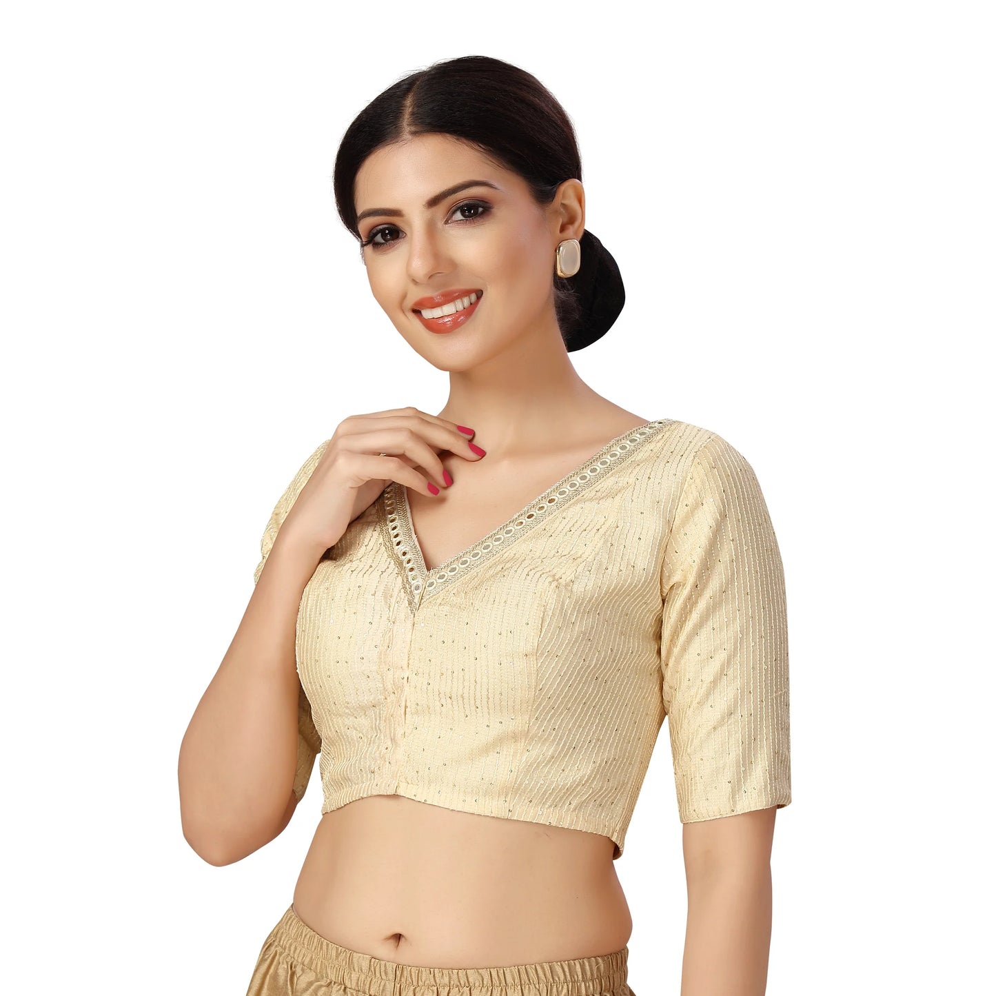 Polyester Short Sleeves V Neck Mirrorwork Saree Blouse-Gold