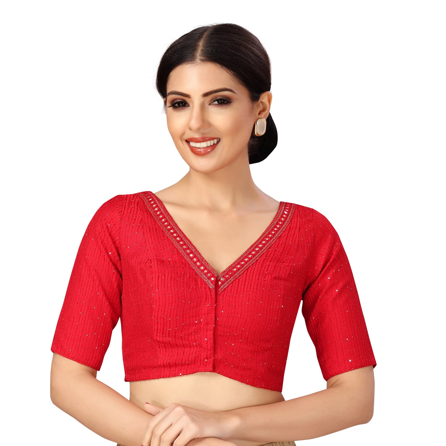 Polyester Short Sleeves V Neck Mirrorwork Saree Blouse-Red