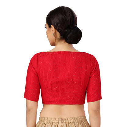 Polyester Short Sleeves V Neck Mirrorwork Saree Blouse-Red