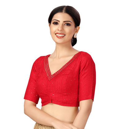 Polyester Short Sleeves V Neck Mirrorwork Saree Blouse-Red