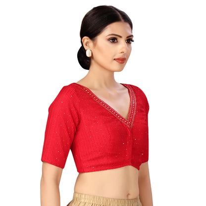 Polyester Short Sleeves V Neck Mirrorwork Saree Blouse-Red