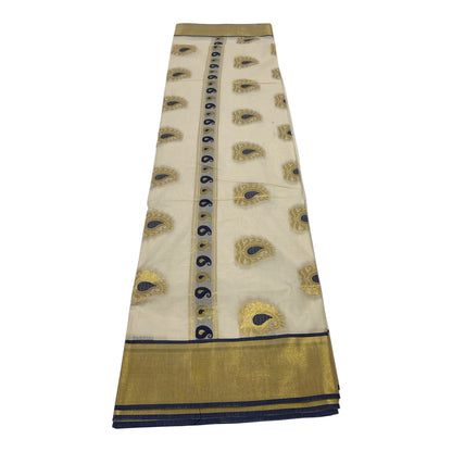 Premium Cotton Saree in Cream with Gold and Navy Blue Buttas