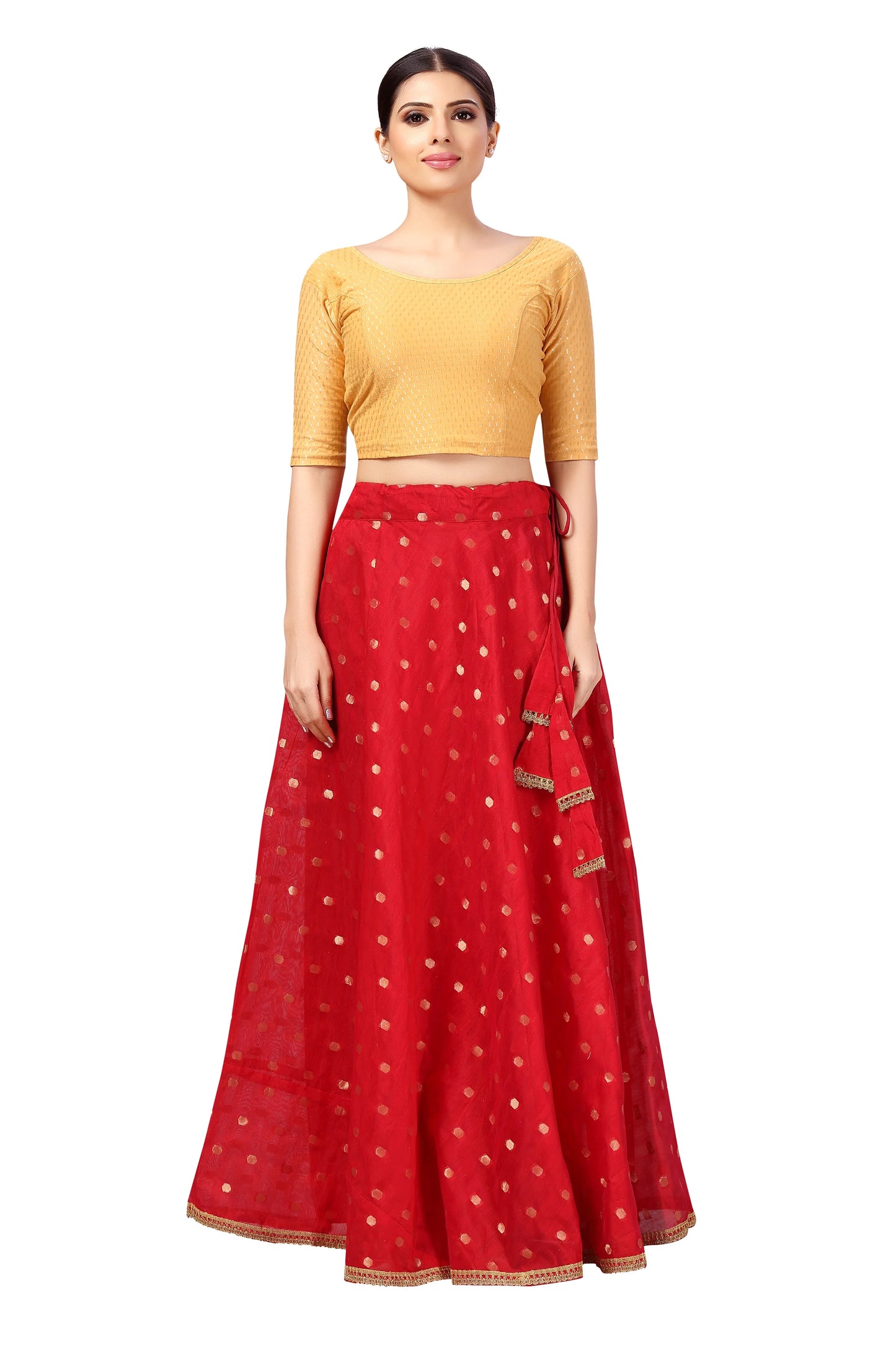 Chanderi Silk Skirt with Crepe Lining —Red, 41" Length