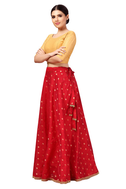 Chanderi Silk Skirt with Crepe Lining —Red, 41" Length