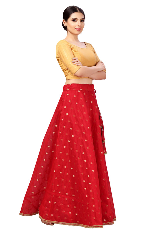 Chanderi Silk Skirt with Crepe Lining —Red, 41" Length