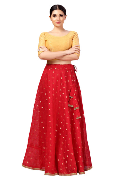 Chanderi Silk Skirt with Crepe Lining —Red, 41" Length