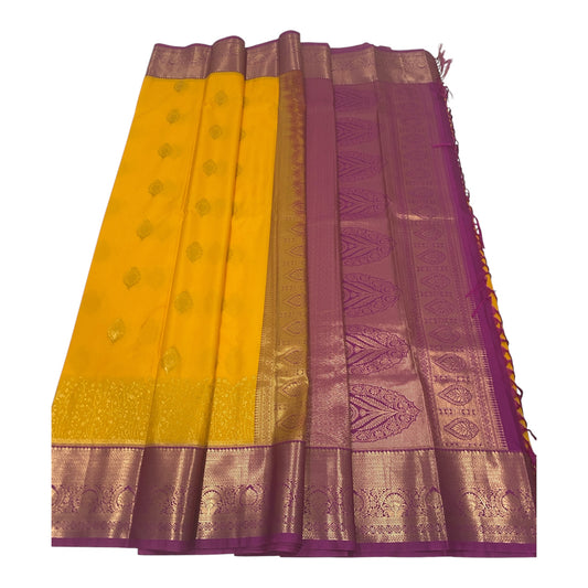 Yellow Gold Semi Silk Saree with Magenta Contrast Pallu and Paisley Zari Border