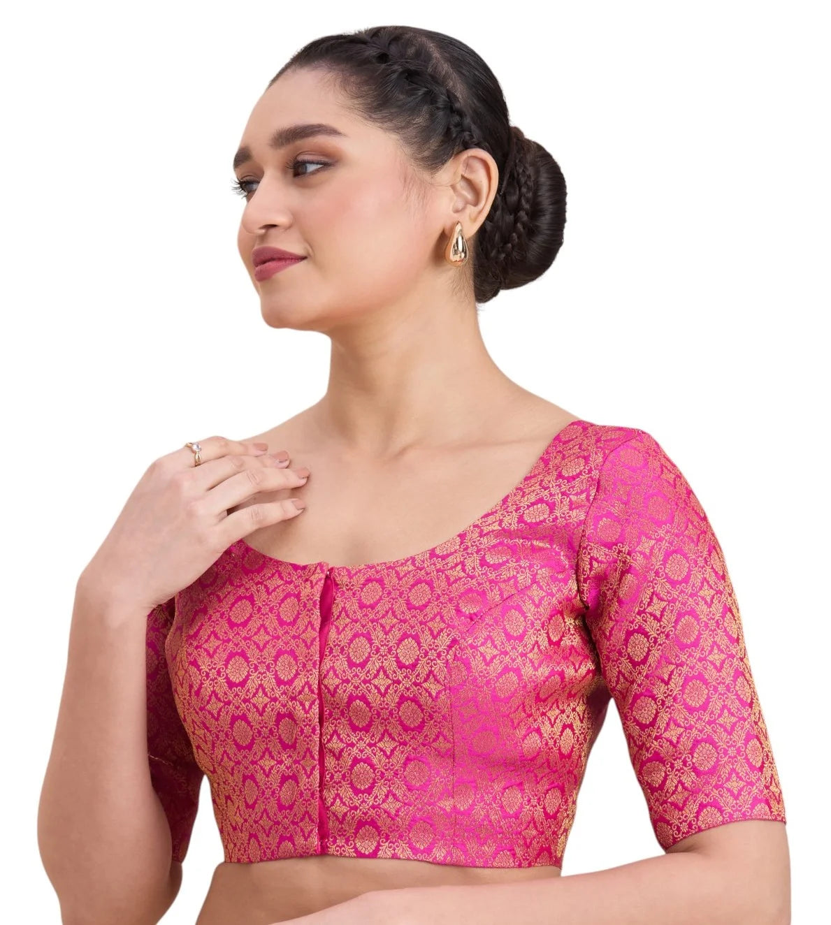 Pink Benaras Brocade Blouse with Round Neck and Elbow Sleeves