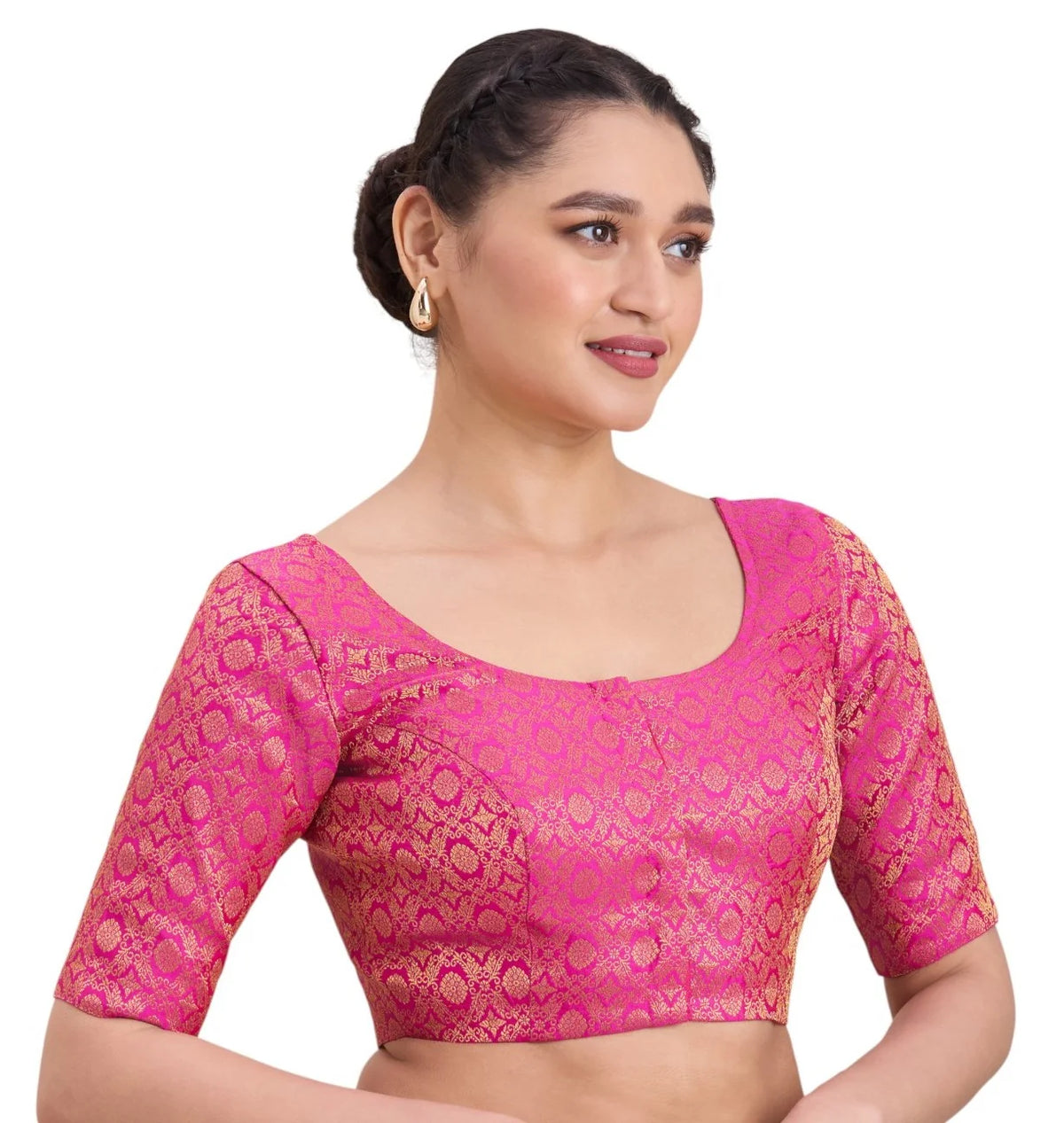 Pink Benaras Brocade Blouse with Round Neck and Elbow Sleeves