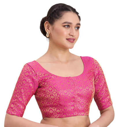 Pink Benaras Brocade Blouse with Round Neck and Elbow Sleeves