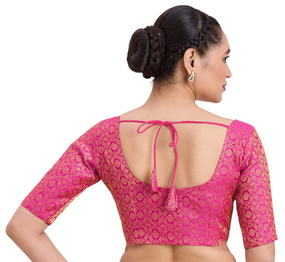 Pink Benaras Brocade Blouse with Round Neck and Elbow Sleeves