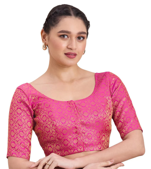 Pink Benaras Brocade Blouse with Round Neck and Elbow Sleeves