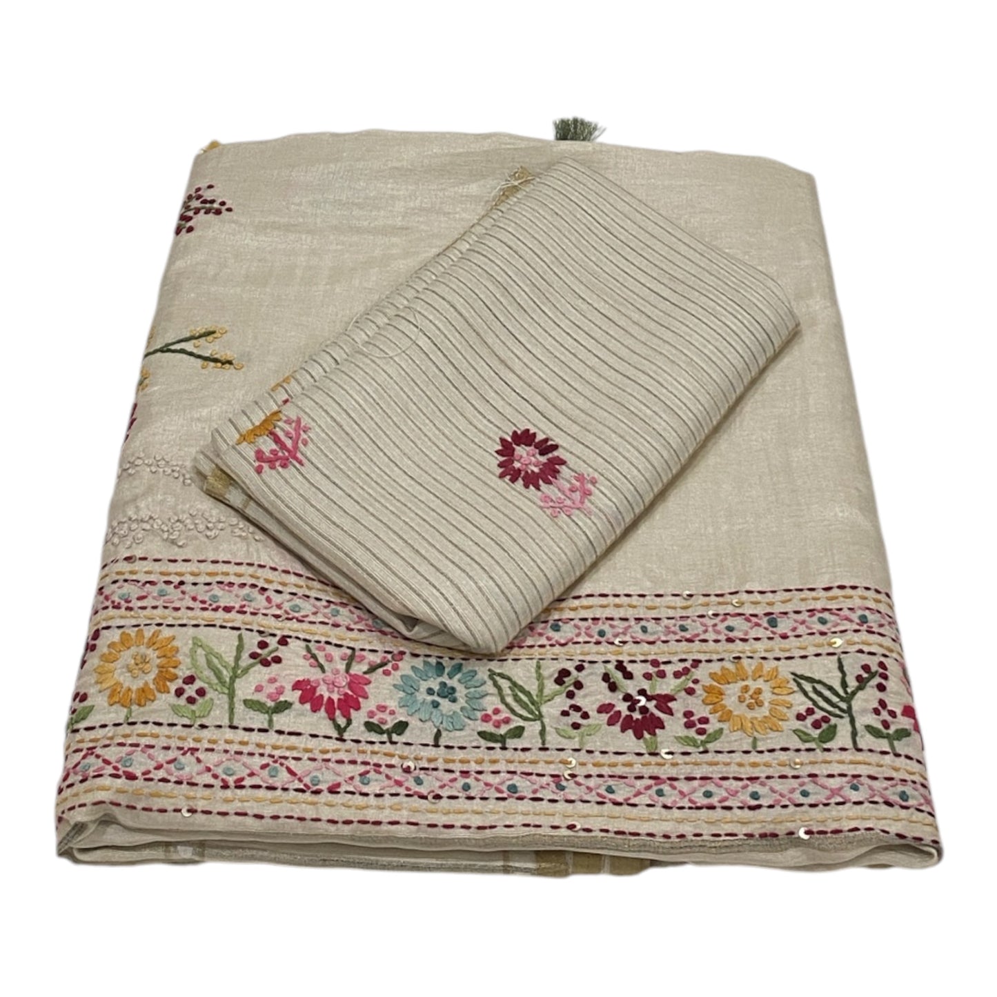 Fancy Tussar Saree in Off White with Kantha Work and Floral Border