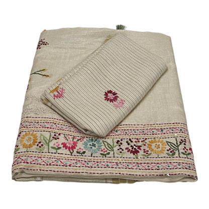 Fancy Tussar Saree in Off White with Kantha Work and Floral Border