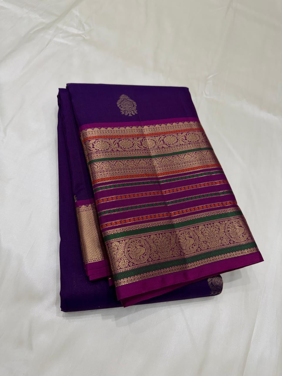 Powerloom Pure Soft Kanchipuram Silk Saree – Royal Purple with Magenta Pallu & Silk Mark Certificate