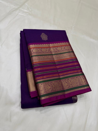 Powerloom Pure Soft Kanchipuram Silk Saree – Royal Purple with Magenta Pallu & Silk Mark Certificate