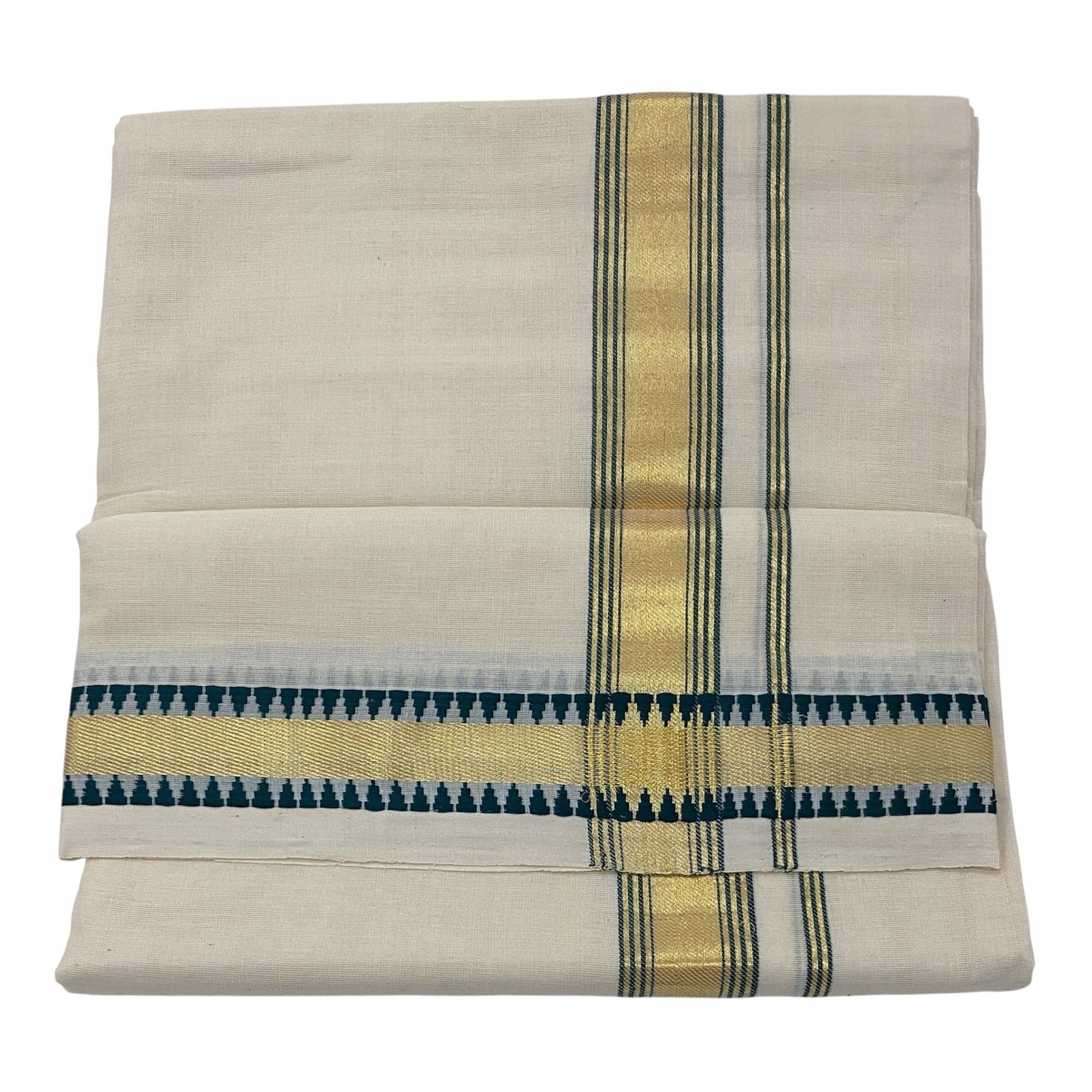 Premium Kerala Handloom Green and Gold Border Mundu