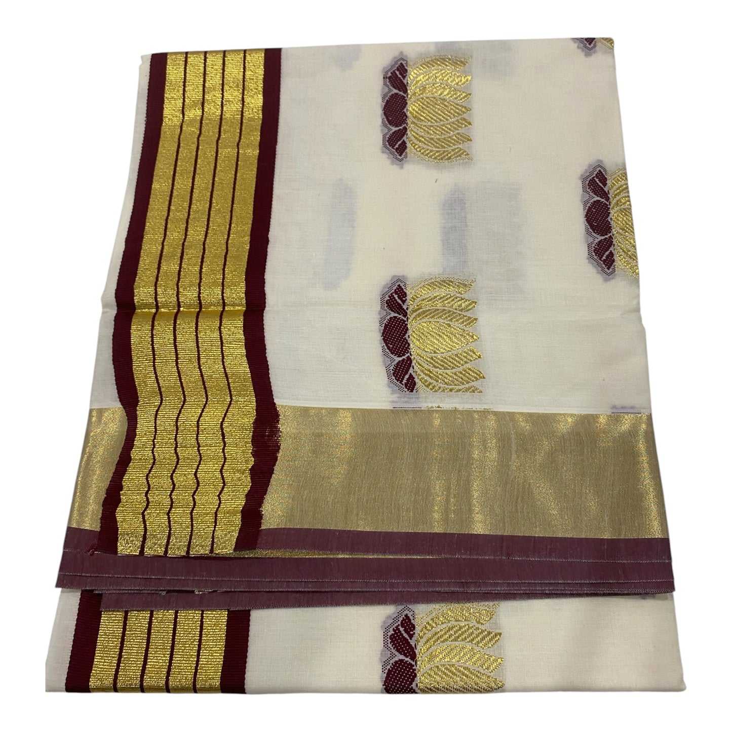 Kerala Onam Saree with Maroon & Gold Border and Lotus Motifs