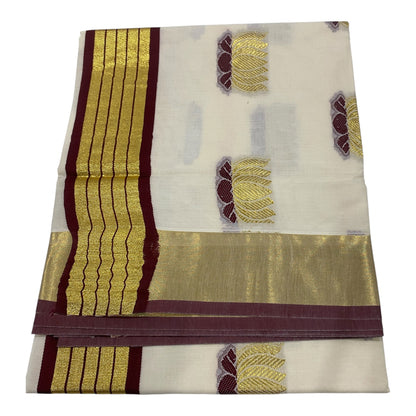 Kerala Onam Saree with Maroon & Gold Border and Lotus Motifs