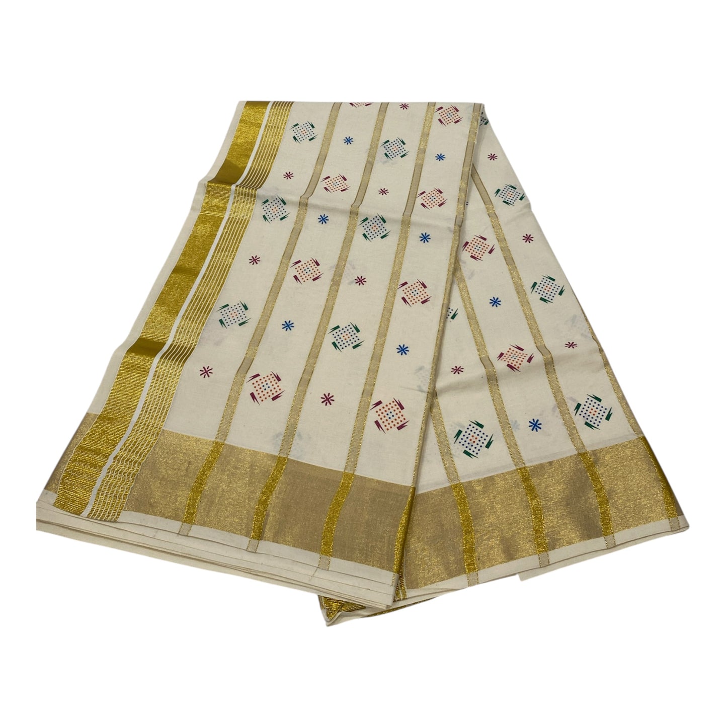 Kerala Cotton Onam Saree with Golden Kasavu Border & Fancy Motifs