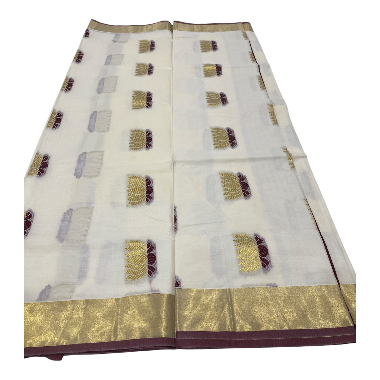 Kerala Onam Saree with Maroon & Gold Border and Lotus Motifs