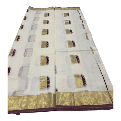 Kerala Onam Saree with Maroon & Gold Border and Lotus Motifs