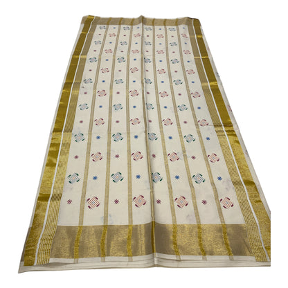 Kerala Cotton Onam Saree with Golden Kasavu Border & Fancy Motifs
