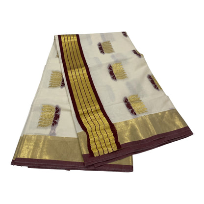 Kerala Onam Saree with Maroon & Gold Border and Lotus Motifs