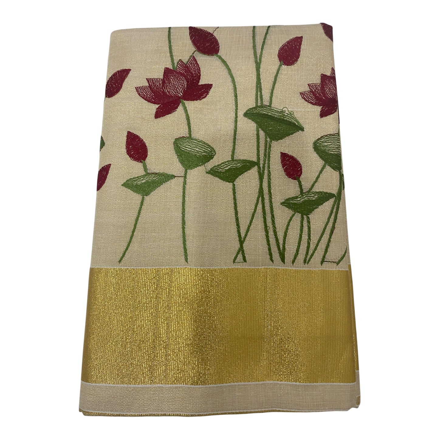 Premium Tissue Saree in Gold with Maroon Floral Motifs