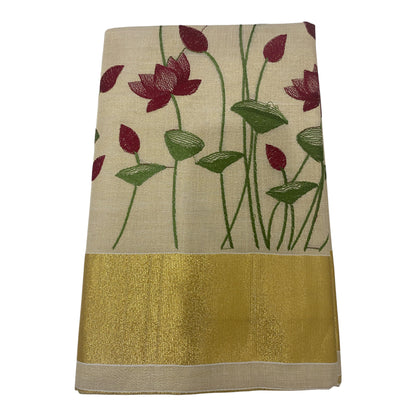 Premium Tissue Saree in Gold with Maroon Floral Motifs