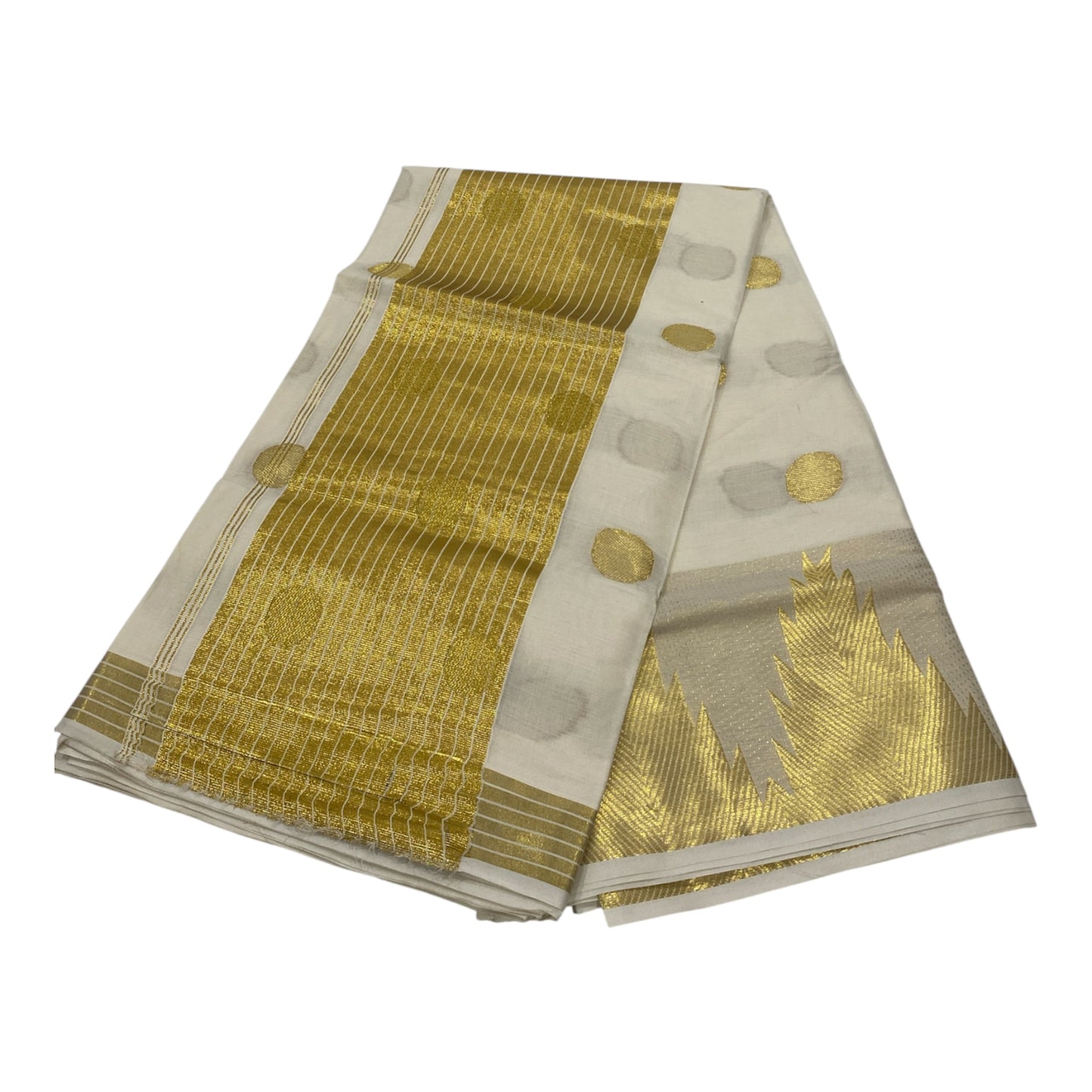 Premium Cotton Handloom Replica Saree in Off-White with Polka Dots and Temple Border