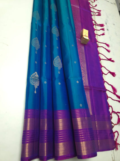 DualTone Peacock Blue With Purple Zari Border Handloom Pure Soft Silk Saree with Gold Paisley Buttas