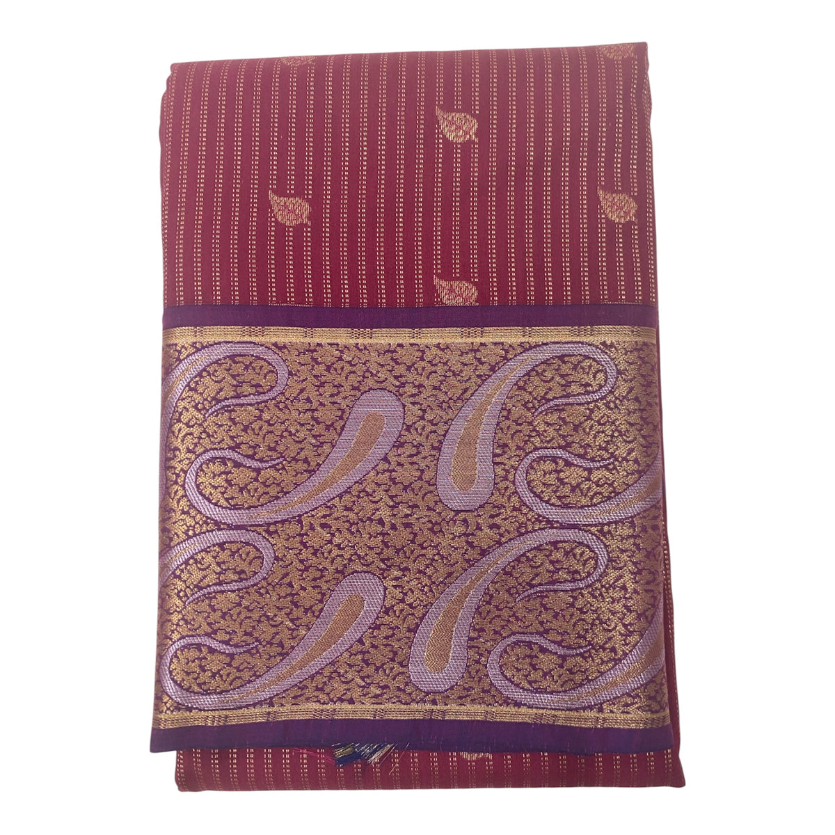 Magenta Semi Silk Saree with Purple Contrast Pallu and Broad Paisley Zari Border