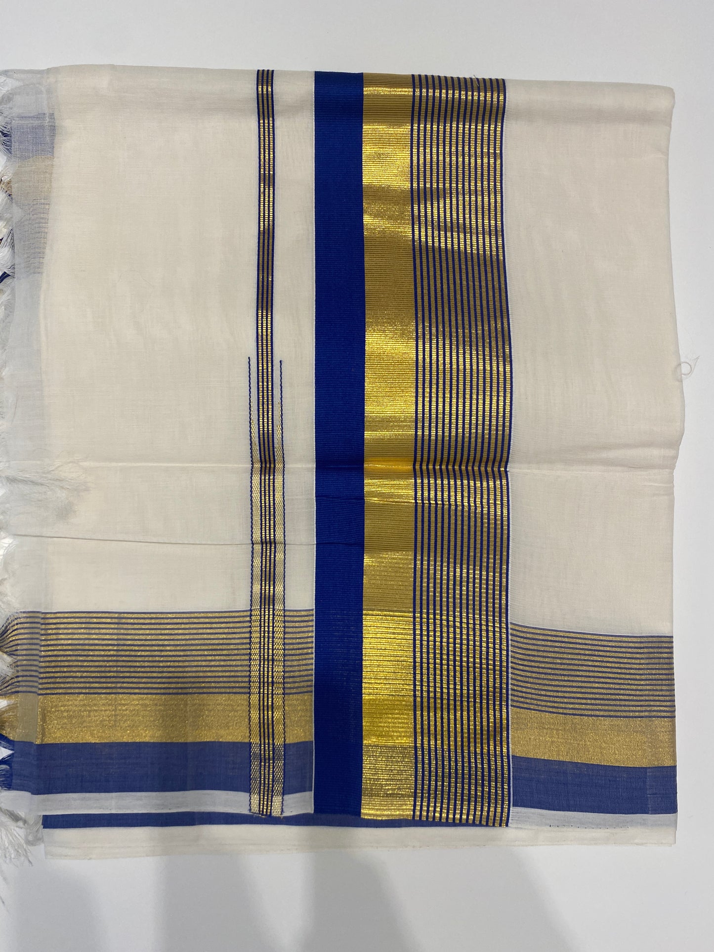 Handloom Kerala Set Saree for Onam with Gold and Blue Zari