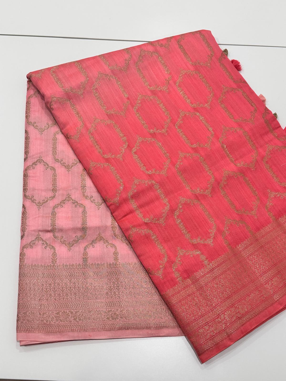 Fancy Chiniya silk saree with rich brocade pallu in peach ombre tone