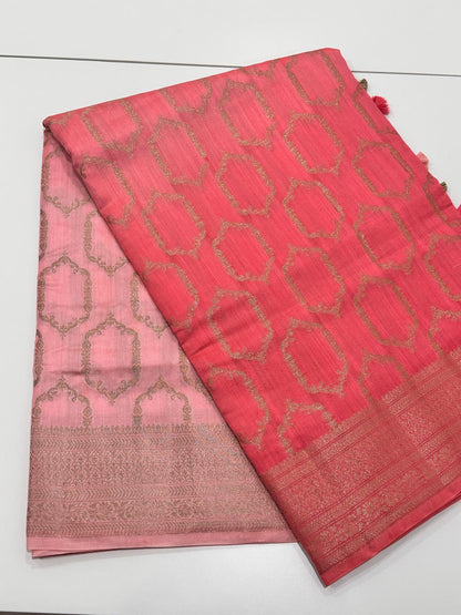 Fancy Chiniya silk saree with rich brocade pallu in peach ombre tone