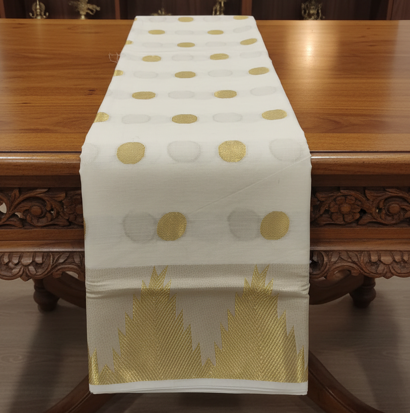 Premium Cotton Handloom Replica Saree in Off-White with Polka Dots and Temple Border