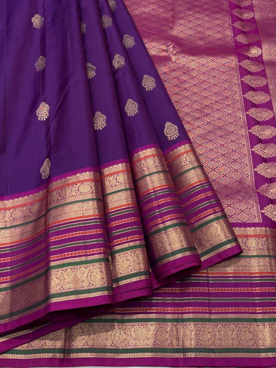 Powerloom Pure Soft Kanchipuram Silk Saree – Royal Purple with Magenta Pallu & Silk Mark Certificate
