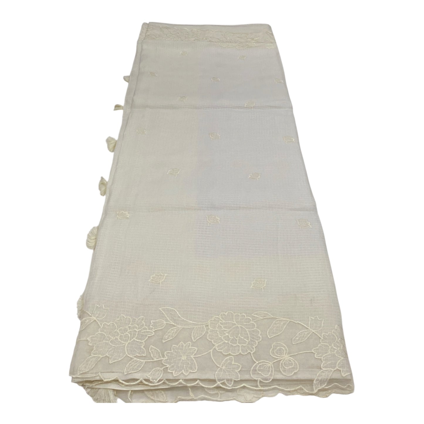 Fancy Kota Saree in White with Scallop Borders and Thread Work