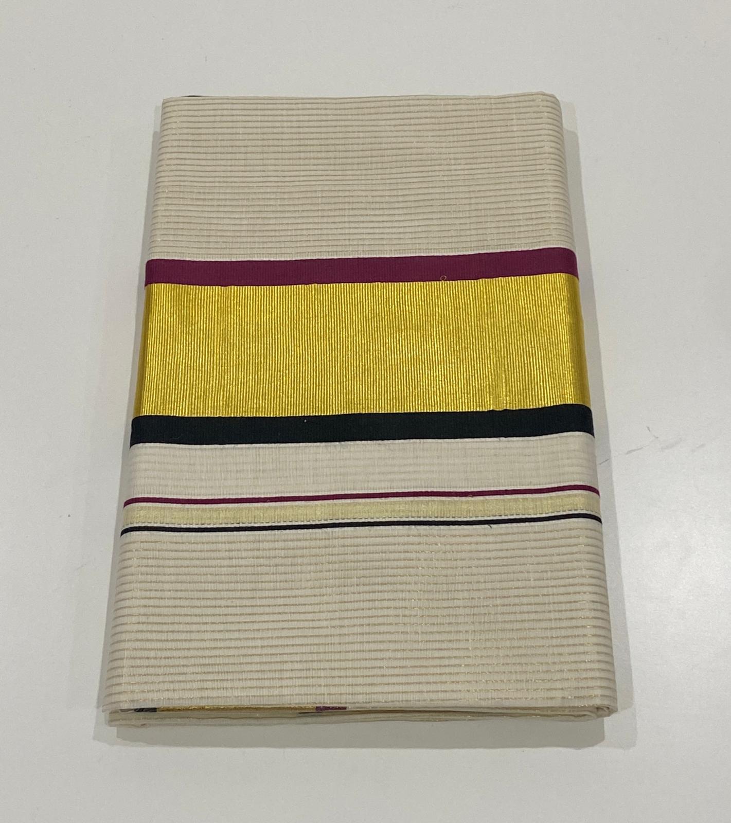 Onam cotton saree with thin striped body and contrast black gold wine border