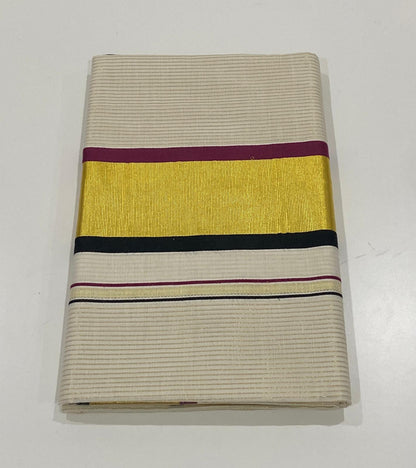 Onam cotton saree with thin striped body and contrast black gold wine border