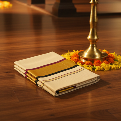 Onam Cotton Saree - Off White with Thin Stripes & Black, Gold and Wine Border