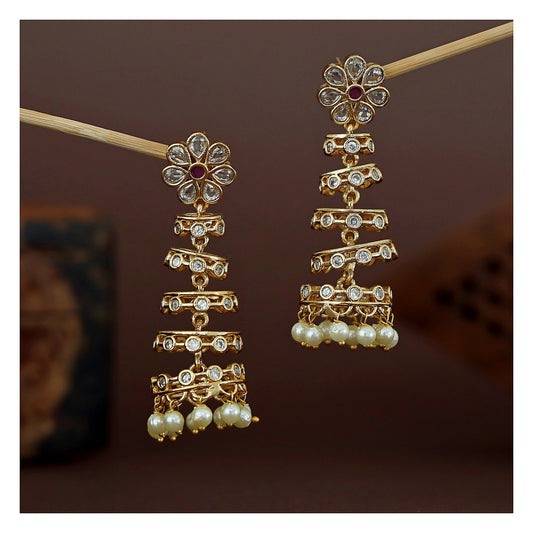 5-Layer Pearl Drop Earrings - Tourmaline Stone with Floral Detail front view