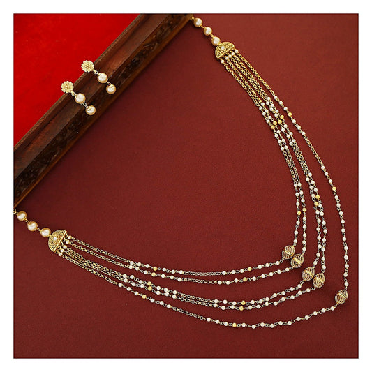 5 Layer Pearl Necklace Set - Gold Finish with Beaded Earrings front view