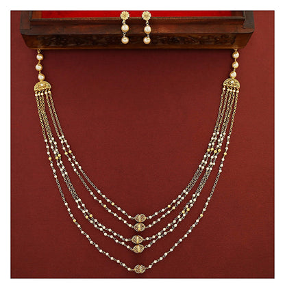 5 Layer Pearl Necklace Set - Gold Finish with Beaded Earrings