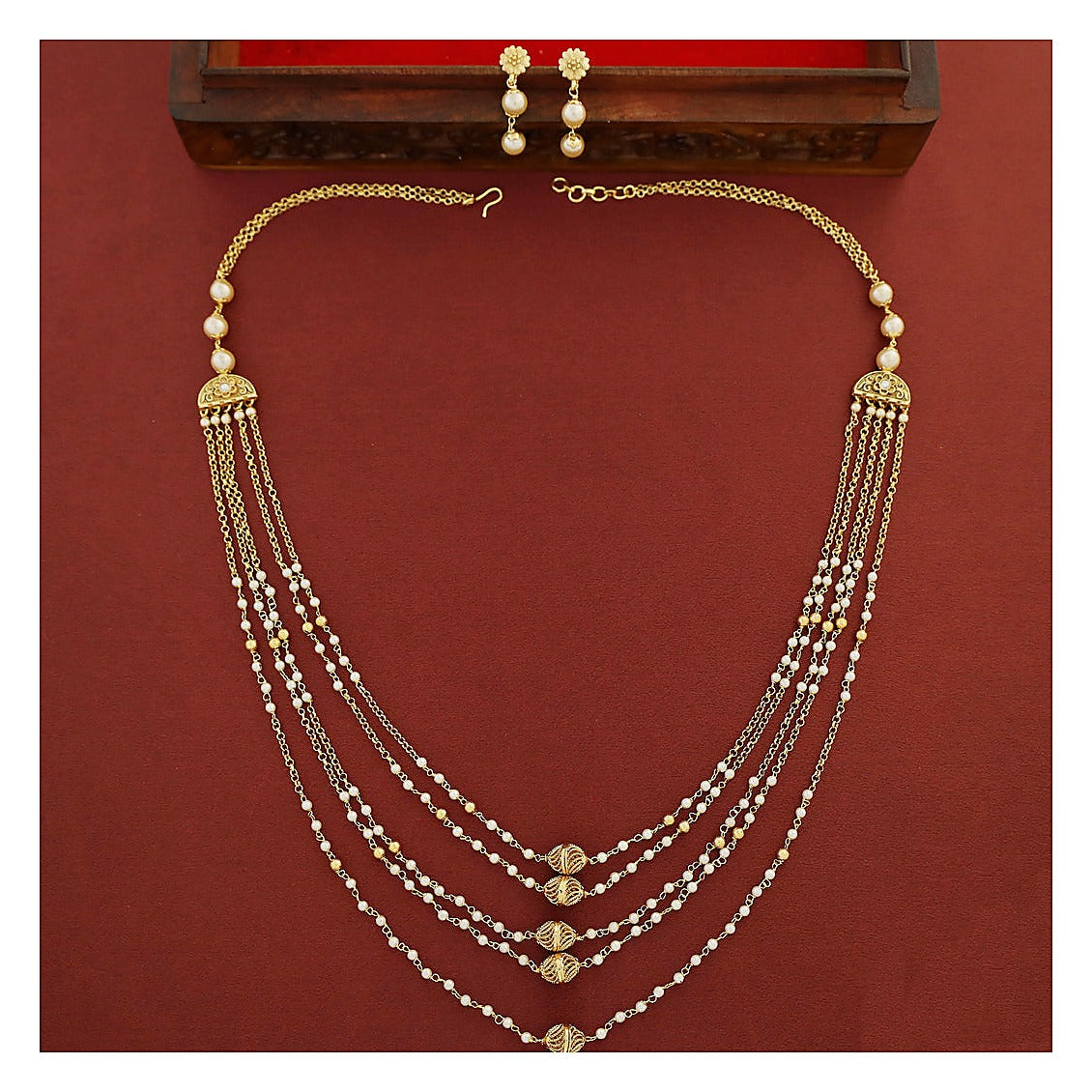 5 Layer Pearl Necklace Set - Gold Finish with Beaded Earrings