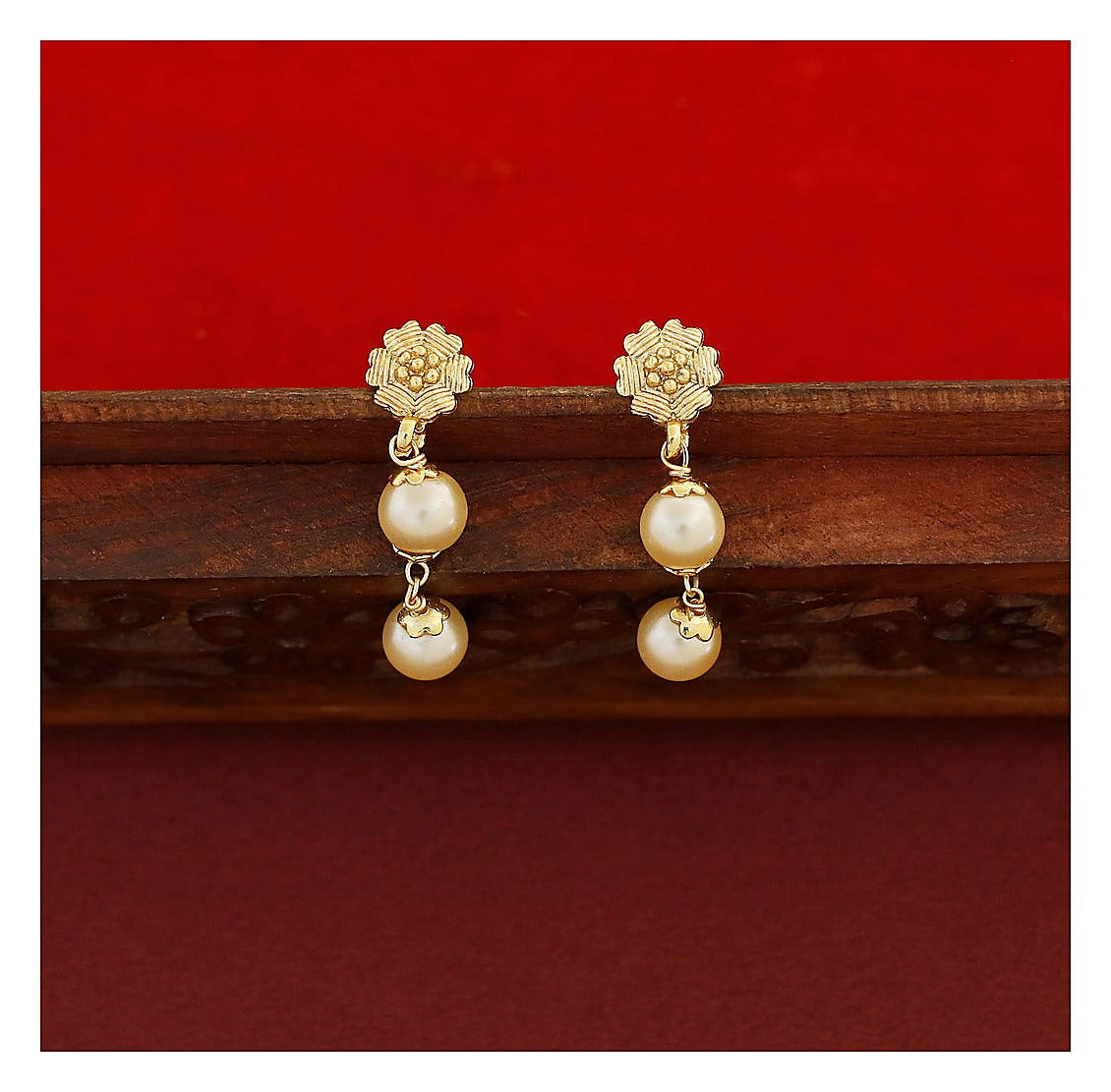 5 Layer Pearl Necklace Set - Gold Finish with Beaded Earrings